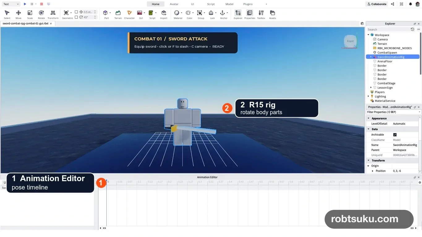 Clip EditorでR15 rigを選び、下部にAnimation Editorのtimelineを開いたStudio画面