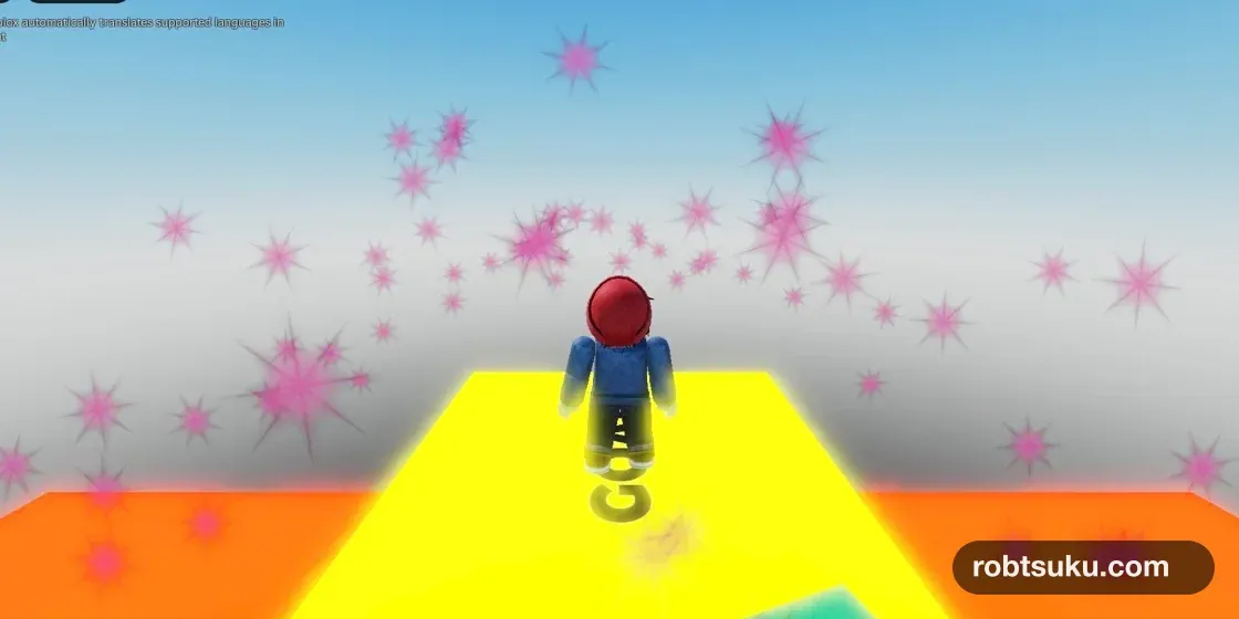 Pink confetti-like particles spreading above a yellow Roblox goal