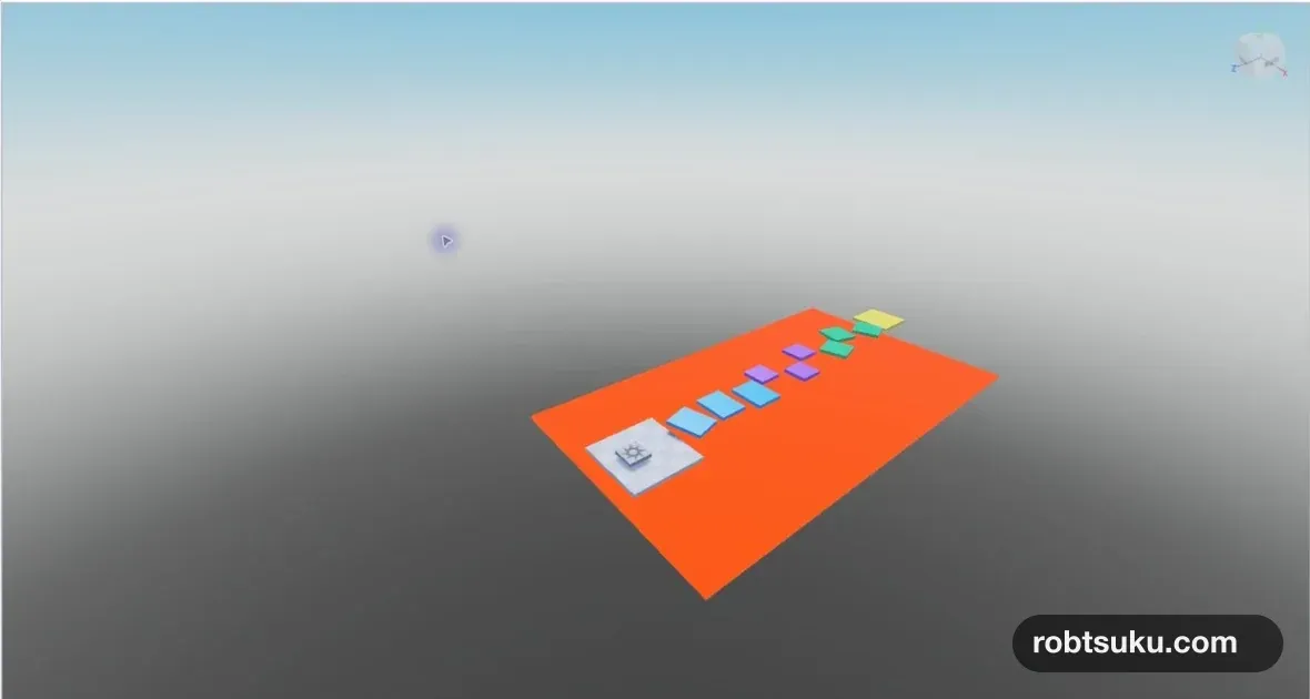 3ステージの足場の下全体へオレンジ色の溶岩床を敷いたRoblox Studioの画面