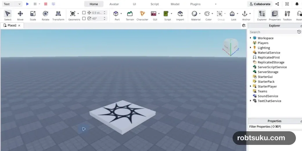 Baseplateを開いたRoblox Studioの編集画面