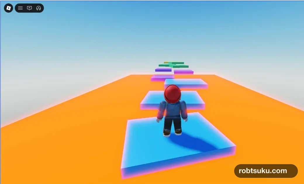 PlayモードでSpawnLocationからジャンプし、青いFirstPlatformの上へ着地したアバター