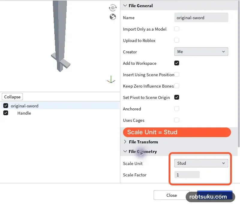Studio Import PreviewでScale UnitをStudにした画面