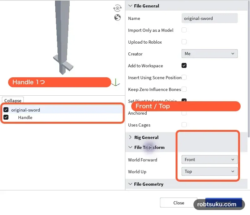 Studio Import PreviewでHandleとFront、Top設定を確認した画面